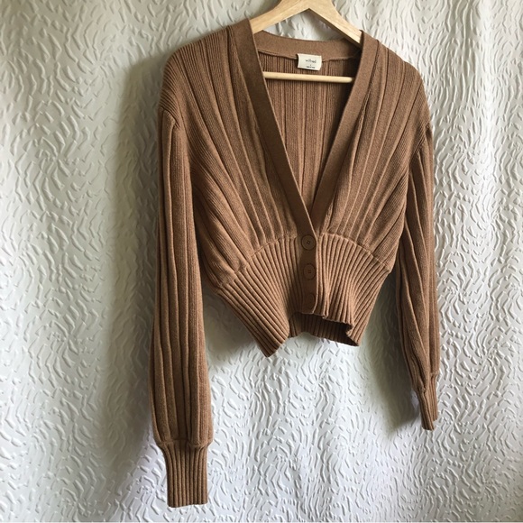 Aritzia Wilfred Tan Plunge Front Cardigan Cropped V-neck Merino Wool Sweater - Picture 3 of 12
